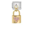 Gold heart padlock charm featuring sparkling pink crystals for modular bracelet link - Heart Padlock Pendant (ICG401-2)