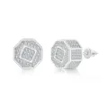 Silver-tone octagonal hip hop stud earrings with micro-paved zircon and screw-back closure - Octagon (OHE100-2) / Silver