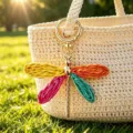 Primo piano del colorato portachiavi a libellula intrecciata e dettagli chic del ciondolo per borsa. - Colorato
