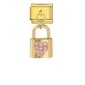 Golden heart padlock charm with pink rhinestones for modular Italian link bracelets. - Heart Lock Pendant (ICG401-1)
