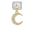Gold crescent moon charm with sparkling stones for modular Italian bracelet links - Crescent Moon Pendant (ICG338-2)