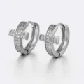 Detailed view of silver micro-pave cubic zirconia cross hoop earrings, hip-hop style. - Silver Cross