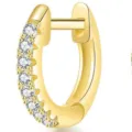 Detailopname van een gouden titanium stalen oorring met micro-pave zirkonia steentjes - Creolen (CC190-4) / Goud Huggie Creolen (CC190-4)