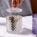 Luxuriöses Vintage-Glas-Bonbonglas mit Goldrand und Rautenmuster. - Transparent Gold Groß