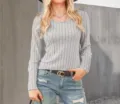 Women's solid color ribbed knit long sleeve pullover top slim fit casual basic sweater. - S / Light Gray