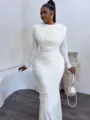 White draped long sleeve bodycon dress detail featuring pleated neckline and elegant slim fit design. - S / Dresses / White