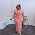 Elegant ruched long-sleeve maxi dress for women, solid color slim fit hip-wrapping party gown. - Peach