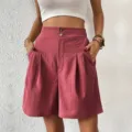 Women high waist pleated wide leg shorts summer casual fashion chic bottom apparel detail view - S / Bottoms / Redwood