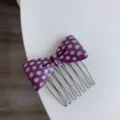 Close-up of a stylish purple polka dot bow hair comb with durable metallic teeth - Purple Polka Dot Comb / Purple