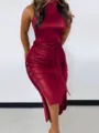 Detailed view of burgundy faux leather sleeveless bodycon dress with side button decor - S / Dresses / Burgundy