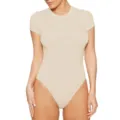 Close-up view of the beige short-sleeve bodysuit, showing the fitted cut and soft fabric. - S / Khaki