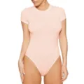 Solid color short sleeve crewneck slim fit bodysuit for women, casual and stylish daily wear. - Pink