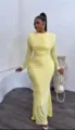 Elegant draped slim long sleeve maxi dress for women, chic solid color party wear style. - S / Dresses / Light Yellow