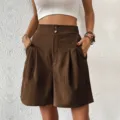 Women high waisted wide leg shorts summer casual brown pleated shorts with pockets detail view - S / Bottoms / Coffee