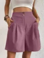 Women high waist wide leg shorts casual summer loose pleated shorts with pockets and double buttons. - S / Bottoms / Rose Red