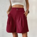 Women high waist wide leg shorts summer casual pleated trousers with pockets burgundy S - S / Bottoms / Burgundy