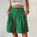 Women high waist pleated green shorts casual loose summer wide leg shorts with pockets - S / Bottoms / Dark Green