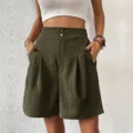 Women's high waist wide leg shorts casual summer green bermuda shorts with pockets. - S / Bottoms / Army Green