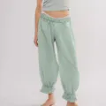 Light green striped casual pants with elastic waist and cute ruffled cuffs for women. - S / Bottoms / Light Green