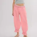 Pink corduroy casual pants, elastic waist with ruffled cuffs, loose fit summer trousers for women. - Watermelon red