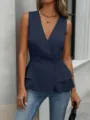 Donna senza maniche doppio petto peplum gilet chic estate casual elegante top outfit - Blu navy
