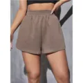 Women's loose elastic waist casual sports shorts in a versatile coffee brown solid color - Brown