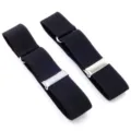 Close-up detail of black elastic shirt sleeve garters featuring adjustable metal hardware. - Black
