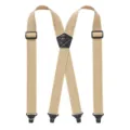 Primo piano dettagliato di bretelle elastiche regolabili con robuste clip in metallo. - Forma a X kaki (stile con clip)