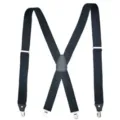 Vista dettagliata di bretelle elastiche nere a X con clip in metallo per pantaloni. - Nero (clip terminale con linguetta in pelle)