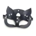 Black leather fox mask with rhinestones and rivets, perfect for parties, cosplay and adult events. - Fox Rhinestone Style