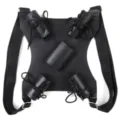 Detailed view of black PU leather cosplay sword back harness with multiple tube holders and straps. - Black