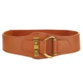 Vista dettagliata della cintura elastica larga da donna con fibbia dorata vintage - 78cm / Marrone