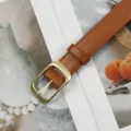 Dettaglio ravvicinato di una cintura in pelle marrone con fibbia in ottone, stile retrò. - Fibbia Dorata Cammello