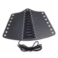 Details of black leather punk wrist cuff with metal eyelets and laced wax cord design. - Smooth Laced Style / Black