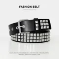 Cintura in pelle nera con borchie piramidali argentate, elegante cinturino punk rock da donna. - Stile Perla Quadrata