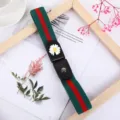 Elastic lazy belt for jeans, stretch waist strap with cute daisy decor and stylish stripe design. - Vintage Green & Red with White Flowers