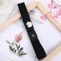 Women elastic waist belt, buckle free lazy belt with cute daisy flower, black stretch jeans strap. - Black with Floral