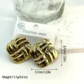 Detailed view of geometric gold striped stainless steel earrings with size and weight info - Woven Striped Square (ES810)