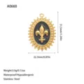 Detailed view of oval stainless steel Fleur-de-lis pendant showing size and weight - Black Center Fleur-de-lis Pendant (A0660-3)