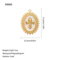 Detail of gold stainless steel fleur-de-lis oval pendant with dimensions and weight info. - White Center Fleur-de-lis Pendant (A0660-4)