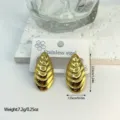 Close-up of gold stainless steel striped geometric earrings showing size and weight details - Water Drop Textured Geometric (ES821) / Gold