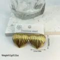 Detailed view of gold striped heart stainless steel earrings with size and weight info - Three-Dimensional Striped Heart (ES828) / Gold
