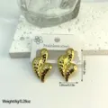 Close-up of golden hammered stainless steel geometric earrings showing size and weight - Hammered Geometric Earrings (ES834)