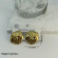 Detailed view of gold striped stainless steel earrings with size and weight info - Striped Pleated Geometric (ES837)