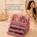 Luxury pink rhinestone 3-drawer makeup organizer with lipstick slots on vanity table. - 24*14*20.5 / Pink