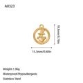 Detail view of gold stainless steel anchor charm with size and weight specifications - Round Anchor Style (A0323 Gold)