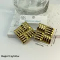 Gold ribbed geometric stainless steel stud earrings with 2.65cm size and weight details. - Western Geometric Striped Block (ES848)