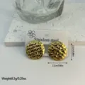 Textured gold-plated stainless steel round stud earrings with striped pattern - Rippled Embossed Geometric Ring (ES873)
