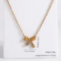 Elegant golden bow pendant necklace with rhinestones and detailed product dimensions - Bow Knot (81776) / 1 Piece/Pack