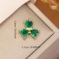 Handmade golden stainless steel clover pendant accessory with green heart-shaped gemstones - Clover Green Rhinestone Style (0124)
